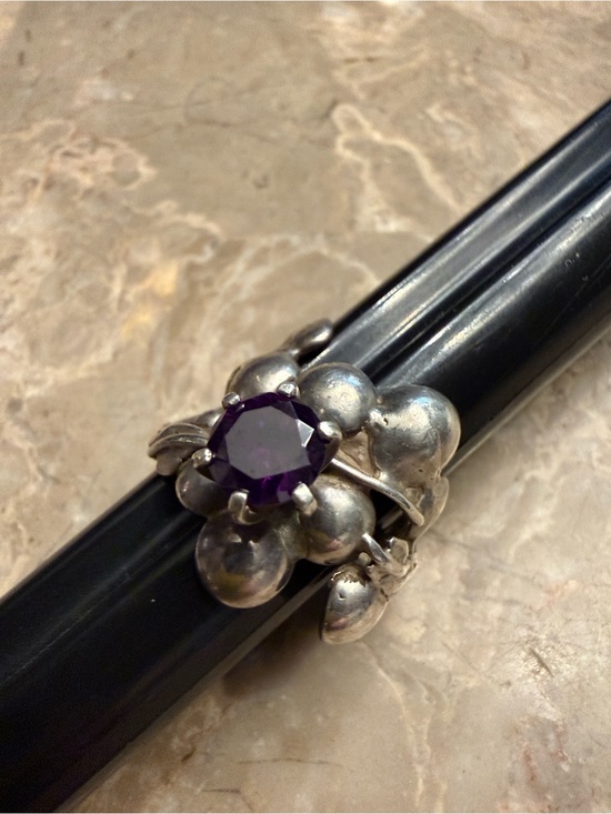 Artisan Jewelry - Vintage MCM sterling silver abstract, ring, brutalist style with amethyst